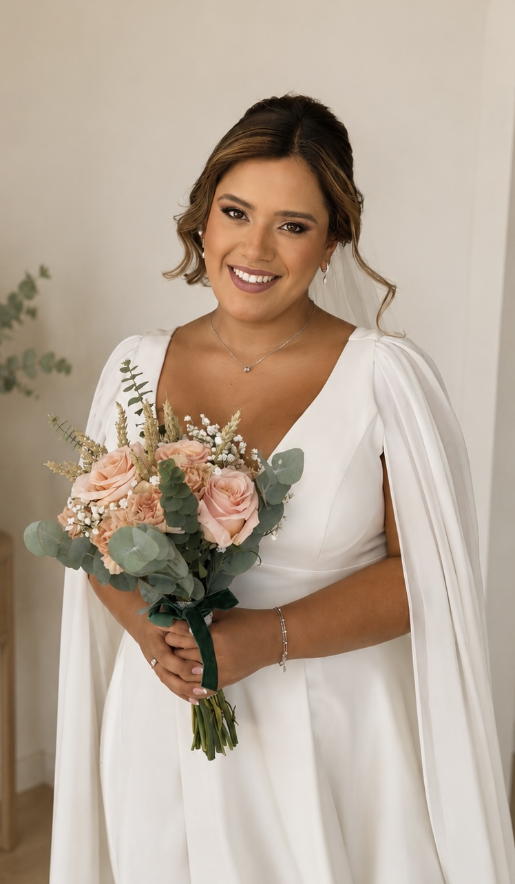 Novia con maquillaje profesional y ramo de flores