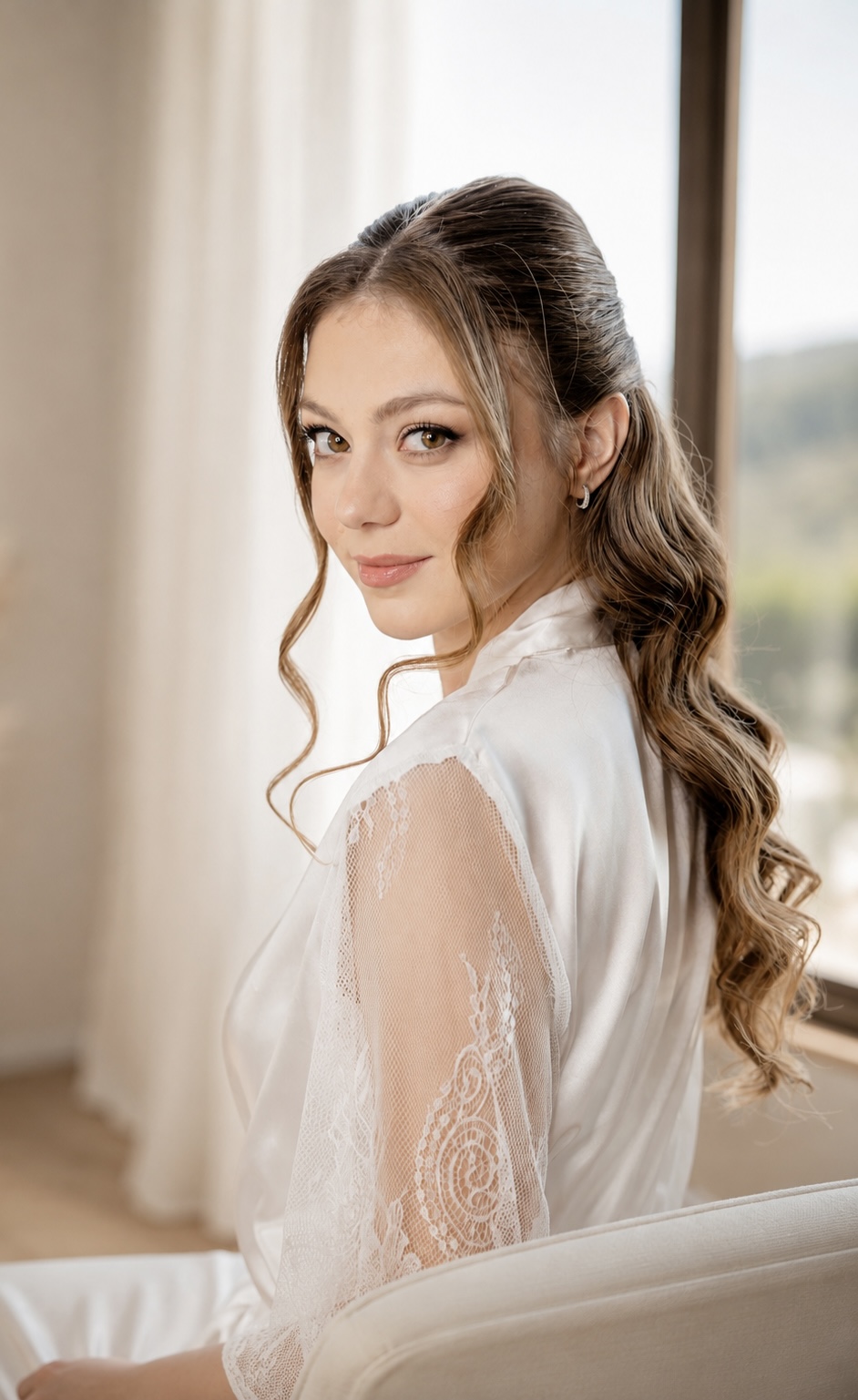 Novia con maquillaje elegante y peinado con ondas suaves