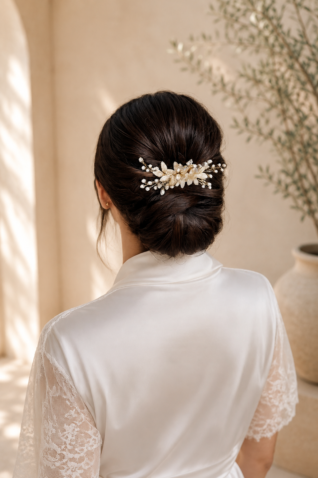 Recogido bajo con accesorios brillantes para novia