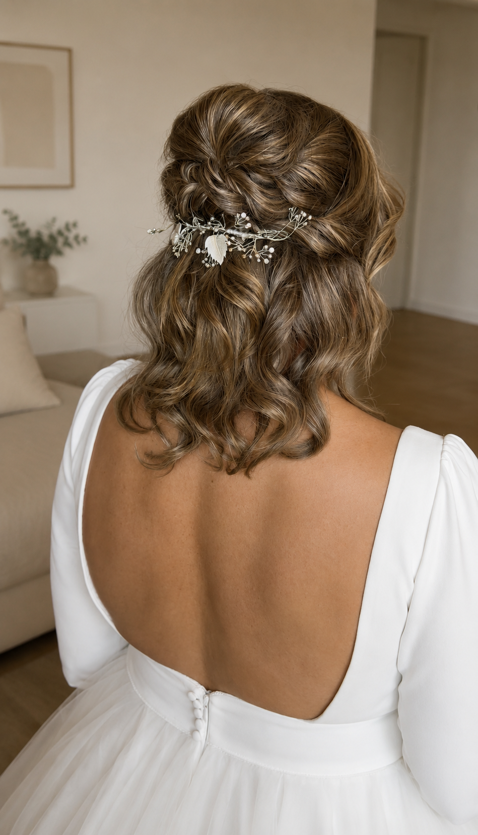 Peinado de novia con ondas y accesorio floral