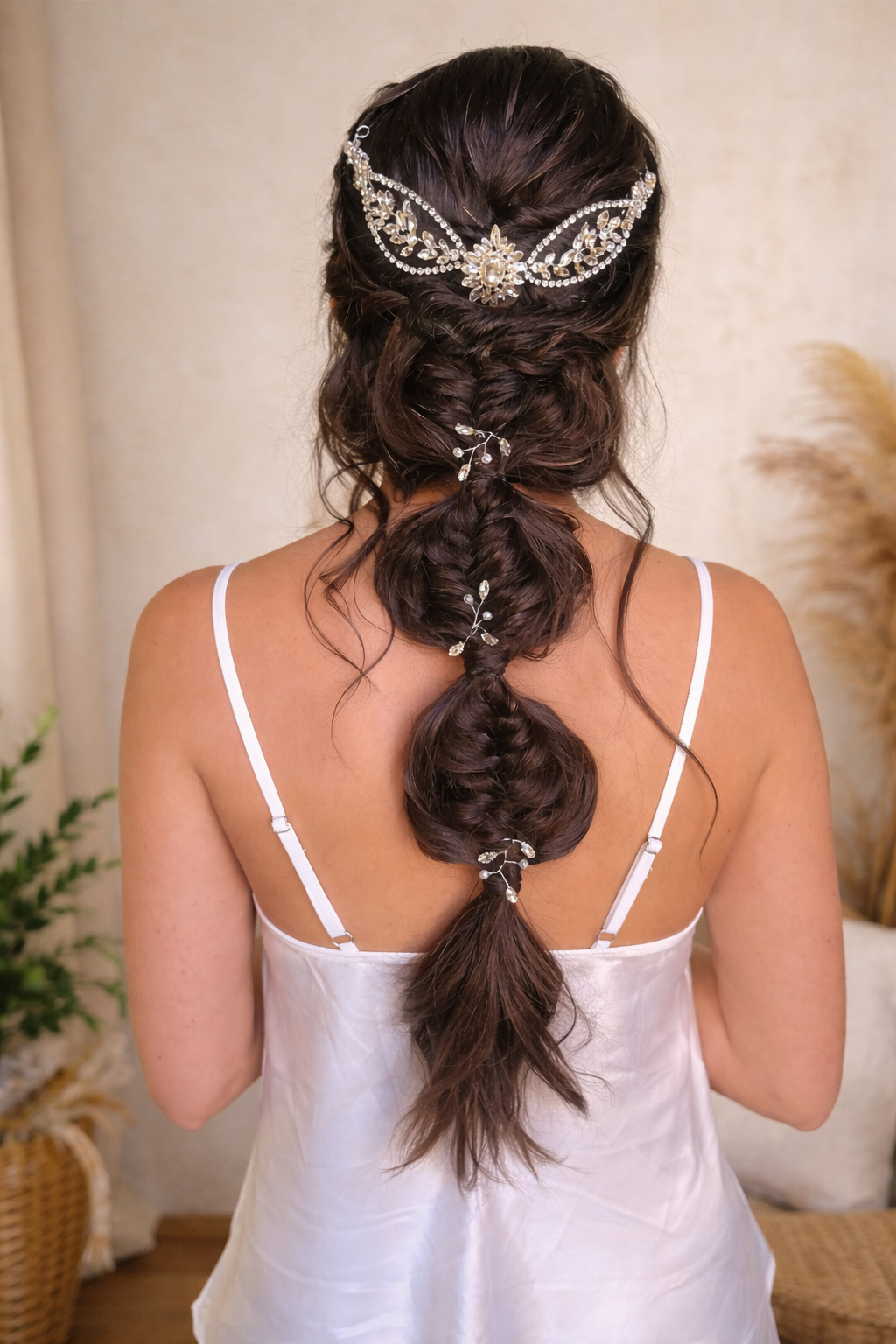 Semirrecogido de novia con coleta y tocado